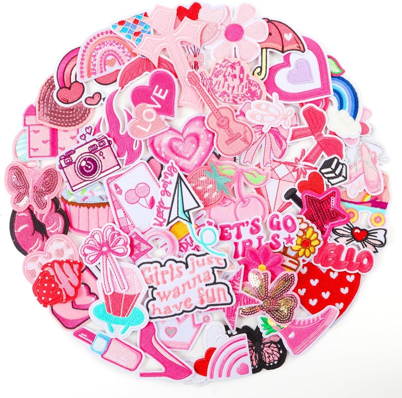 NICEVINYL Pink Iron on Patches for Girls: 60PCS Girly Random Embroidery Patches for Backpacks Clothing Hats Jackets Pants Decor - Assorted Cute Sew on Appliques for DIY Accessories - Image 1